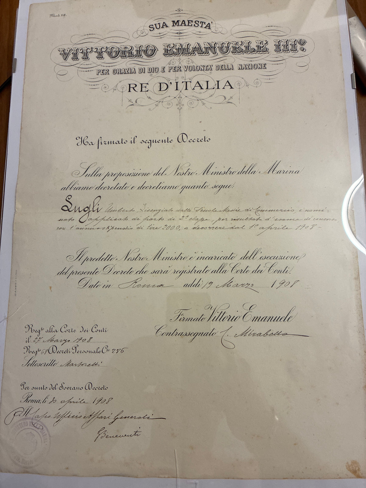 Raro Regio Decreto 1908 Nomina Regia Marina Umberto Lugli - Ministro Mirabello Timbro Viola - Incorniciato Storia Sabauda