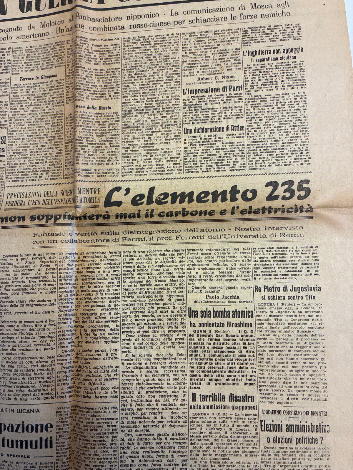 Rarissimo Quotidiano Il Giornale Del Mattino 9 Agosto 1945 {Bomba Atomica Hiroshima E Russia Contro Giappone}