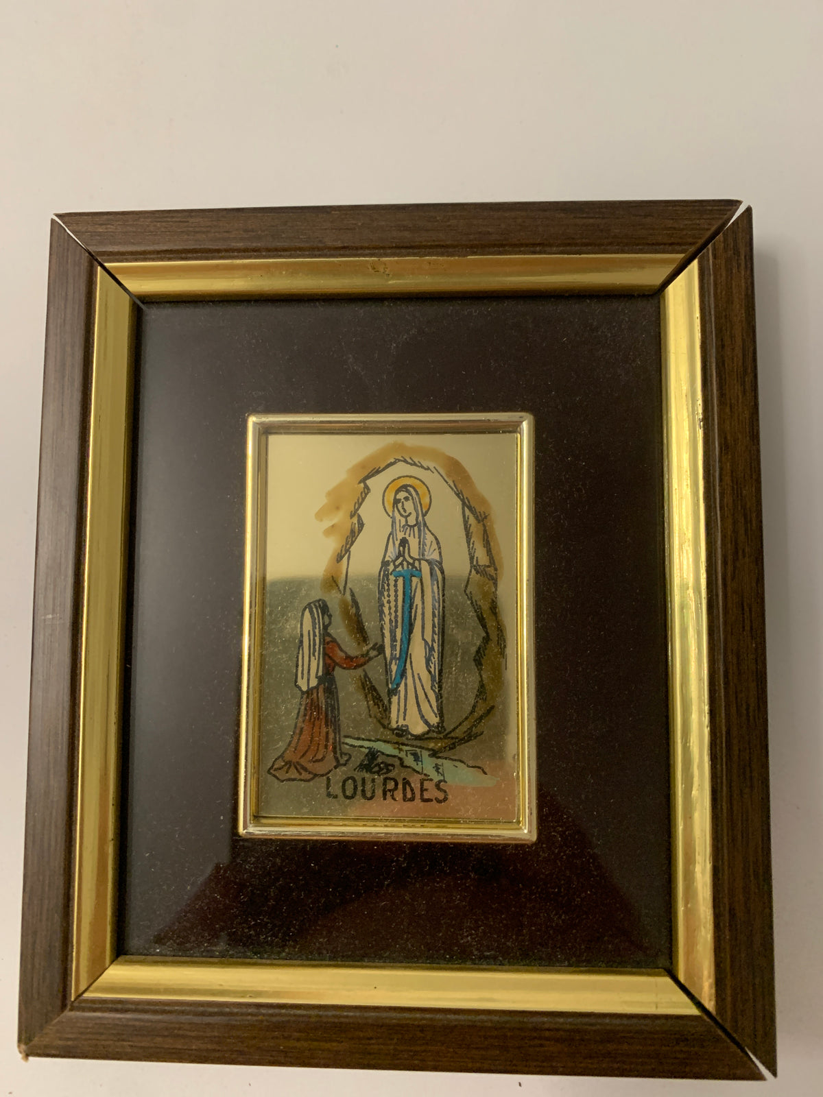 Quadretto Sacro Vintage Madonna di Lourdes Disegno Colorato a Mano