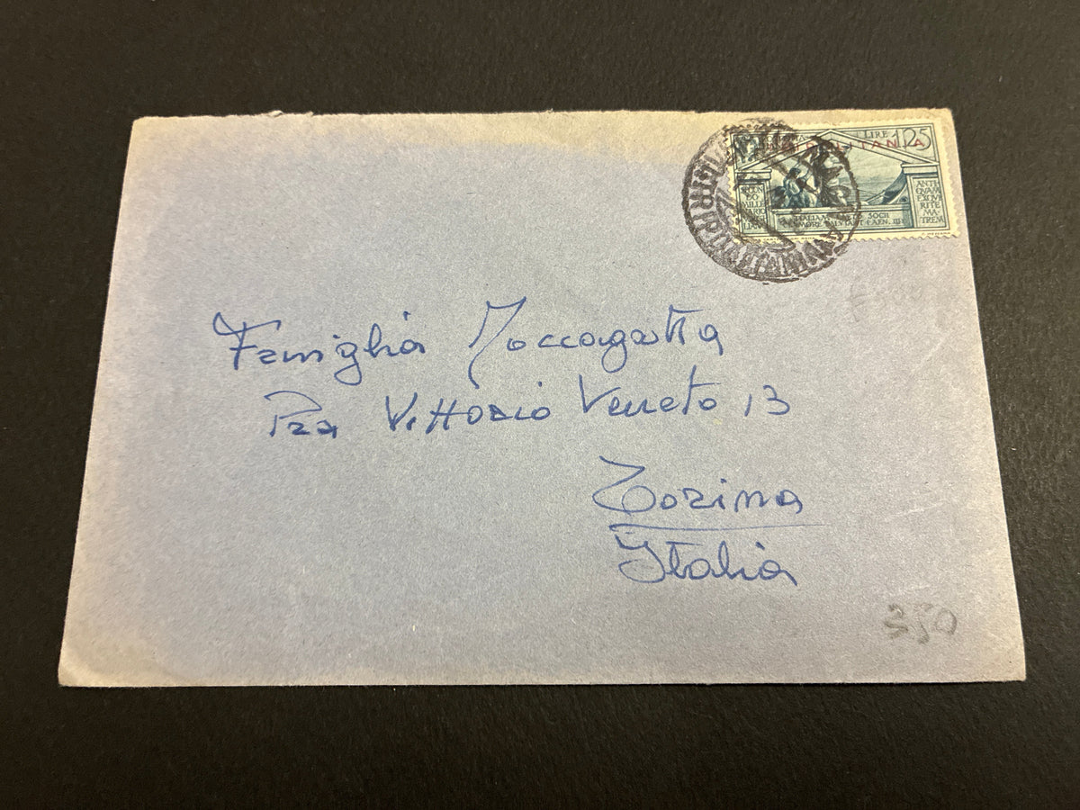 RARA Busta del 1931 spedita dall'ufficio coloniale di Leptis Magna (Tripolitania) a Torino con affrancatura singola da 1,25 Lire "Bimillenario di Virgilio" sovrastampato e ISOLATO