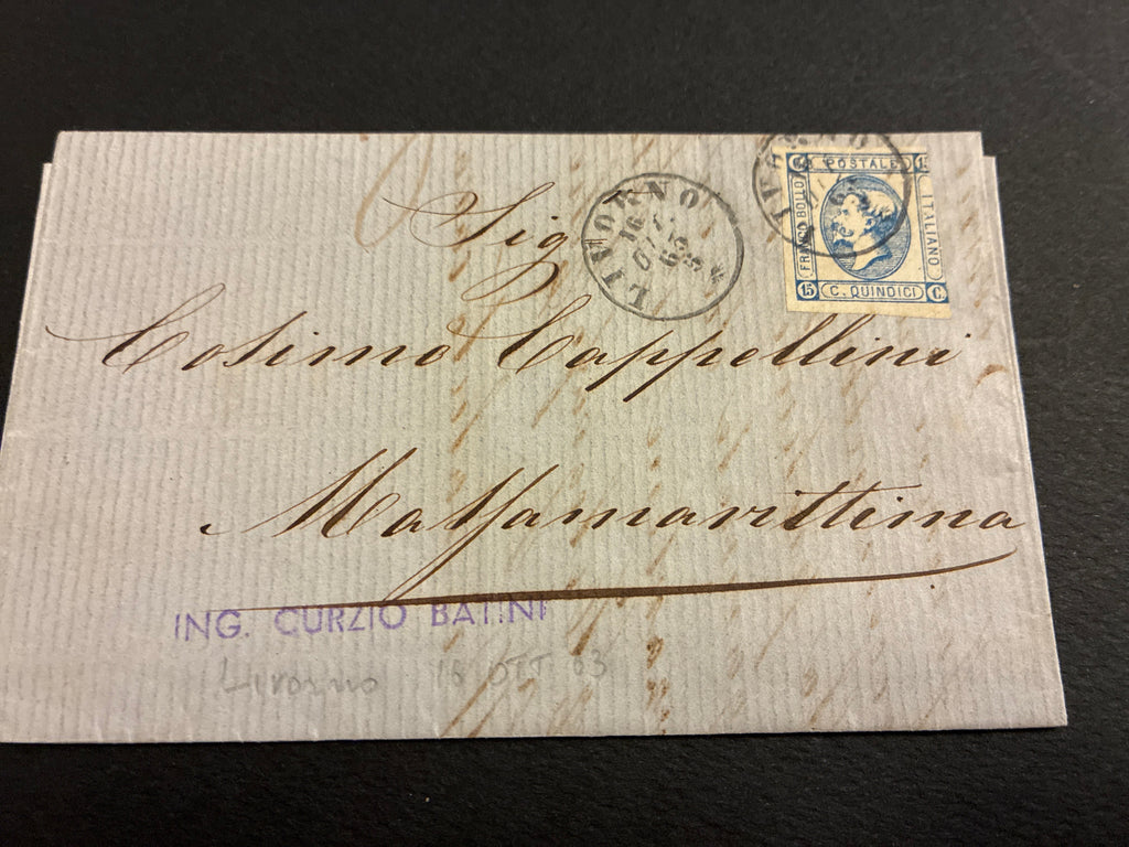 Lettera da Livorno a Massa Marittima (1863) con 15 centesimi Matraire Secondo Tipo della Collezione Curzio Batini