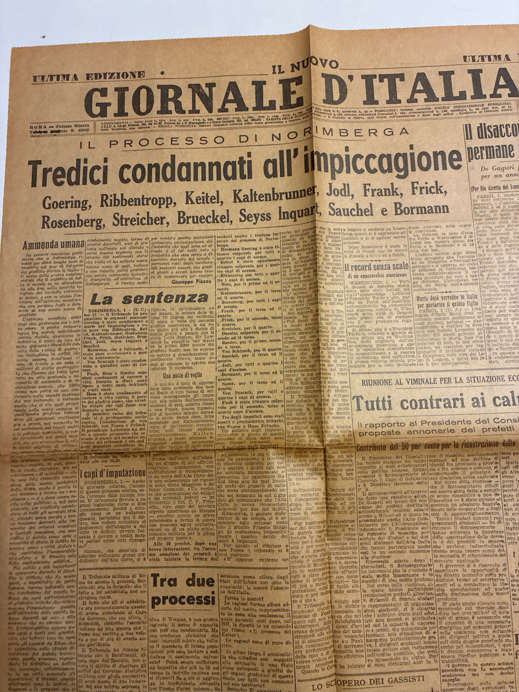 Quotidiano ORIGINALE 2 Ottobre 1946 Sentenza Processo Norimberga COMPLETO