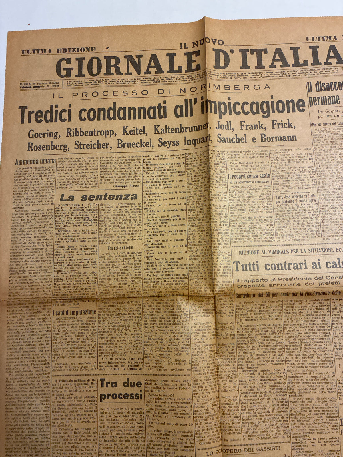 Quotidiano ORIGINALE 2 Ottobre 1946 Sentenza Processo Norimberga COMPLETO