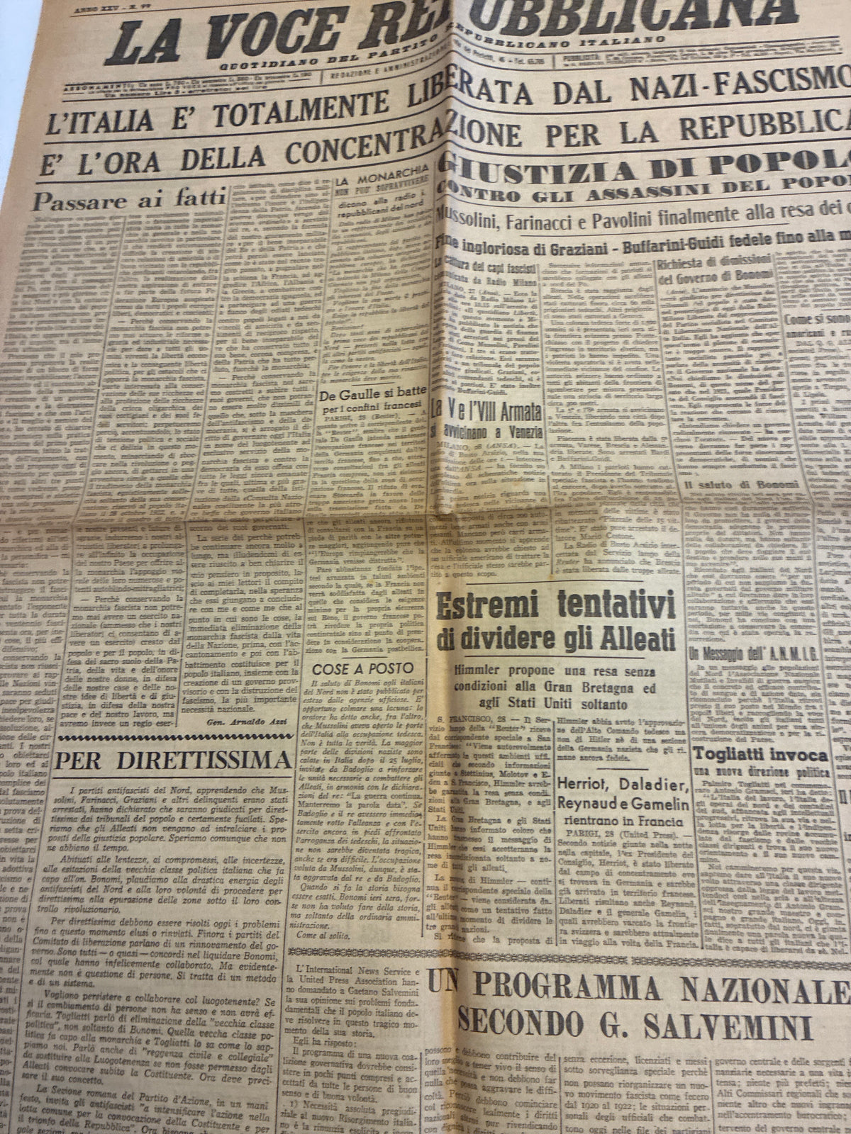 Quotidiano Originale LA VOCE REPUBBLICANA 29 Aprile 1945 Liberazione Mussolini