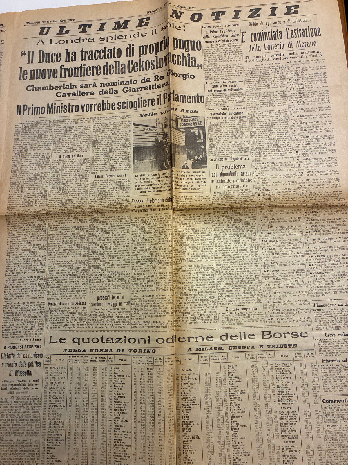 Quotidiano Storico Stampa Sera 30 Settembre 1938 Conferenza di Monaco Mussolini Hitler