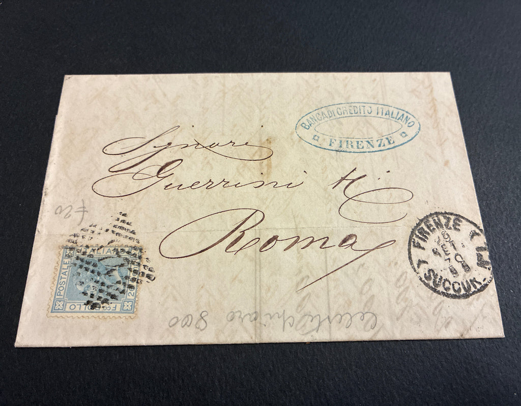 Busta 1880 da Firenze a Roma in tariffa umbertina da 20 centesimi azzurro con timbro della Banca di Credito Italiano
