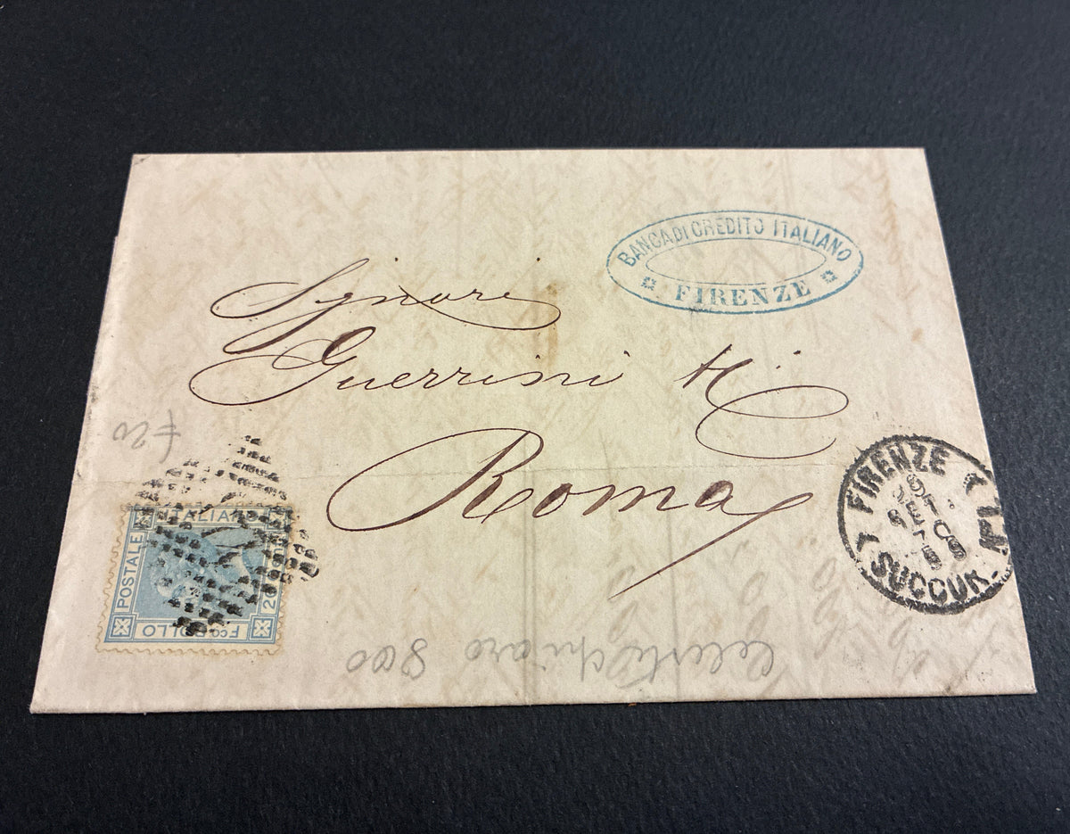 Busta 1880 da Firenze a Roma in tariffa umbertina da 20 centesimi azzurro con timbro della Banca di Credito Italiano