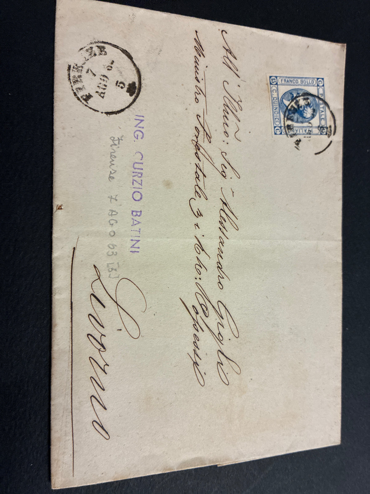 Lettera del Regno d'Italia (1863) con 15 c. del secondo tipo ex coll. Curzio Batini, con timbro dell'Ambulante Ferroviario Firenze-Livorno