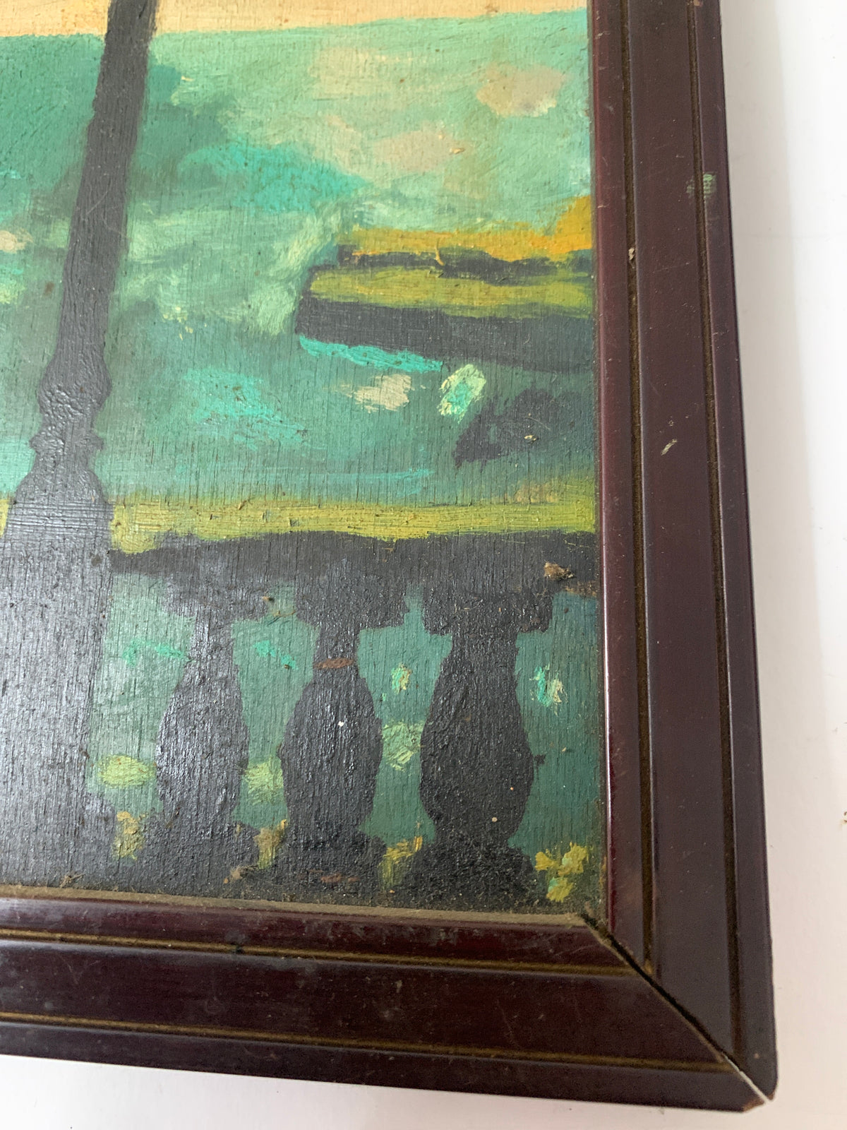 Dipinto a Olio su Tavola di Legno Marina Vintage Anonima - Scorcio di Lungomare con Lampione e Cornice