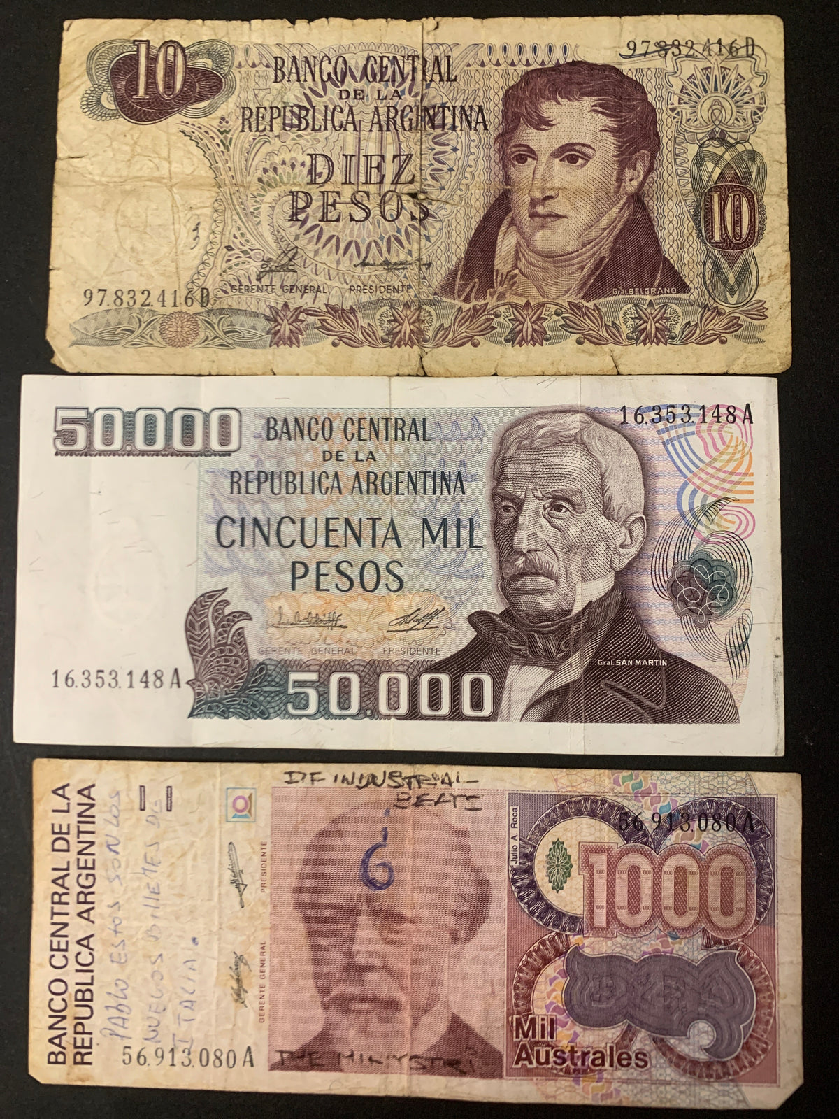 Lotto 3 Banconote Vintage Argentina (Anni '70–'80) – 10 e 50.000 Pesos, 1.000 Australes
