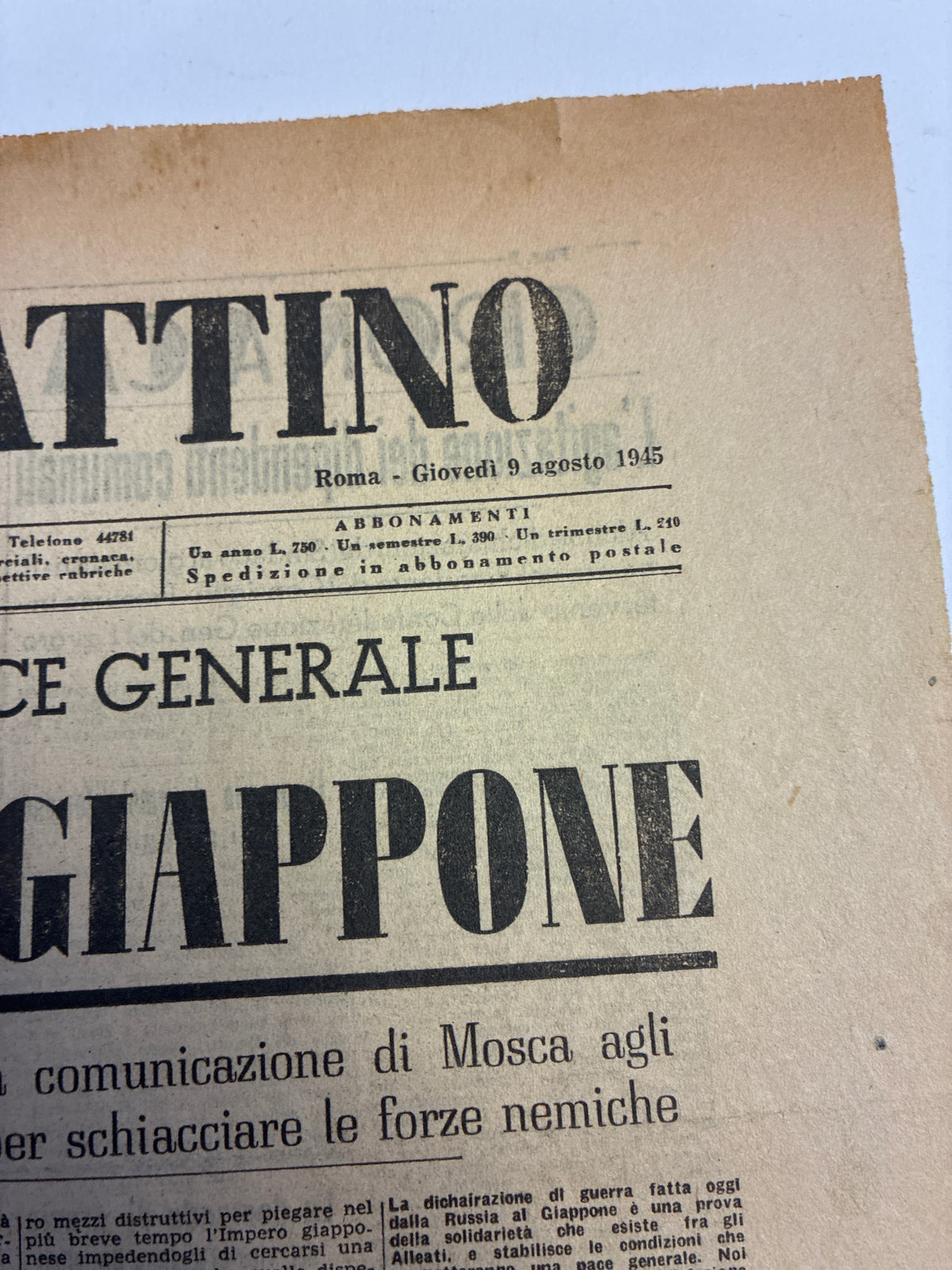 Rarissimo Quotidiano Il Giornale Del Mattino 9 Agosto 1945 {Bomba Atomica Hiroshima E Russia Contro Giappone}