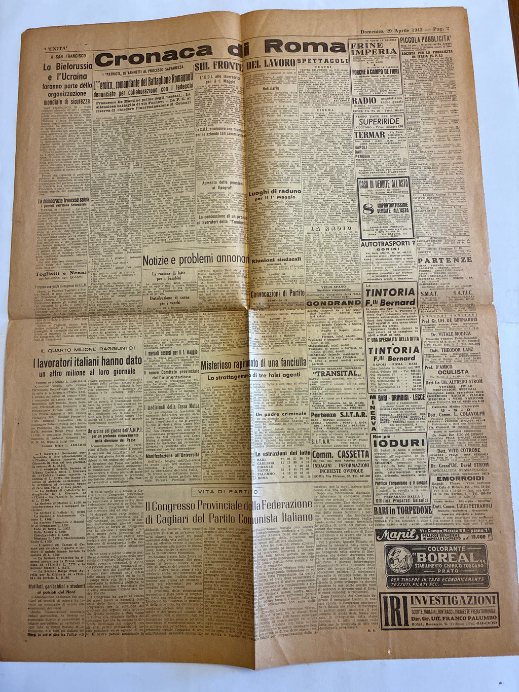 Raro Quotidiano Originale l'Unità 29 Aprile 1945 - Prima Edizione Mattino Roma - Trattative di Resa e Arresto Mussolini