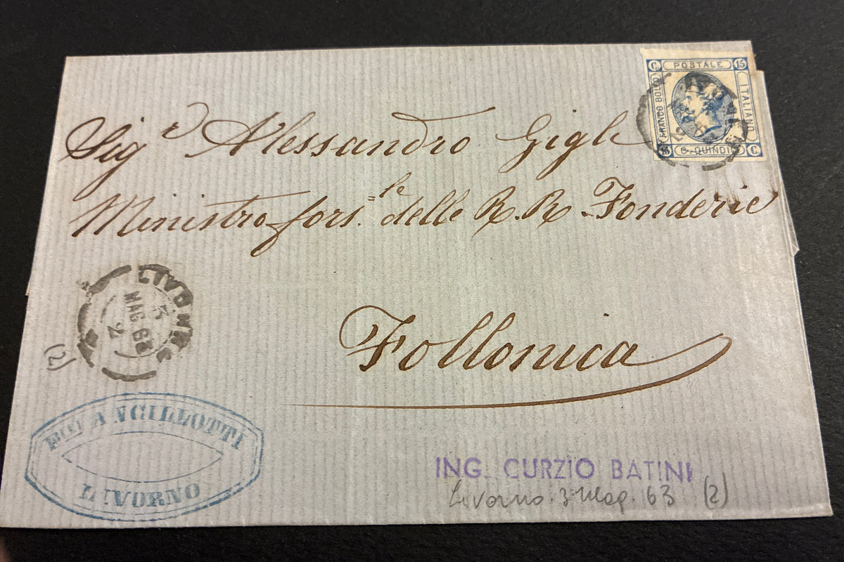 Lettera 1863 con 15 Centesimi Azzurro Primo Tipo "Matraire" in uso precoce dall'Archivio e Collezione dell'Ing. Curzio Batini