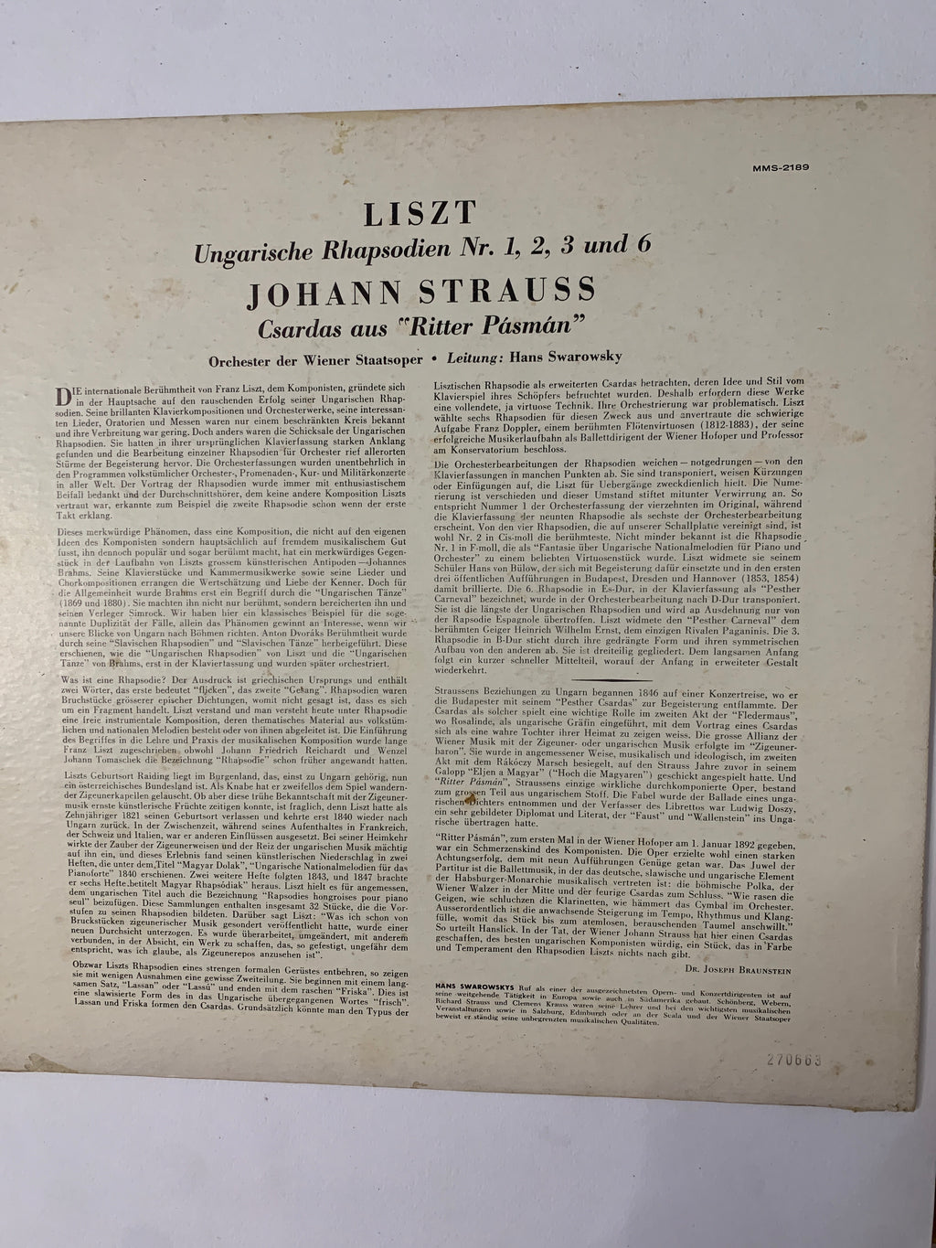 Franz Liszt: Ungarische Rhapsodien Nr. 1, 2, 3 und 6 / Johann Strauss: Csardas aus "Ritter Pásmán" – Hans Swarowsky, Orchester der Wiener Staatsoper (LP, MMS 2189)