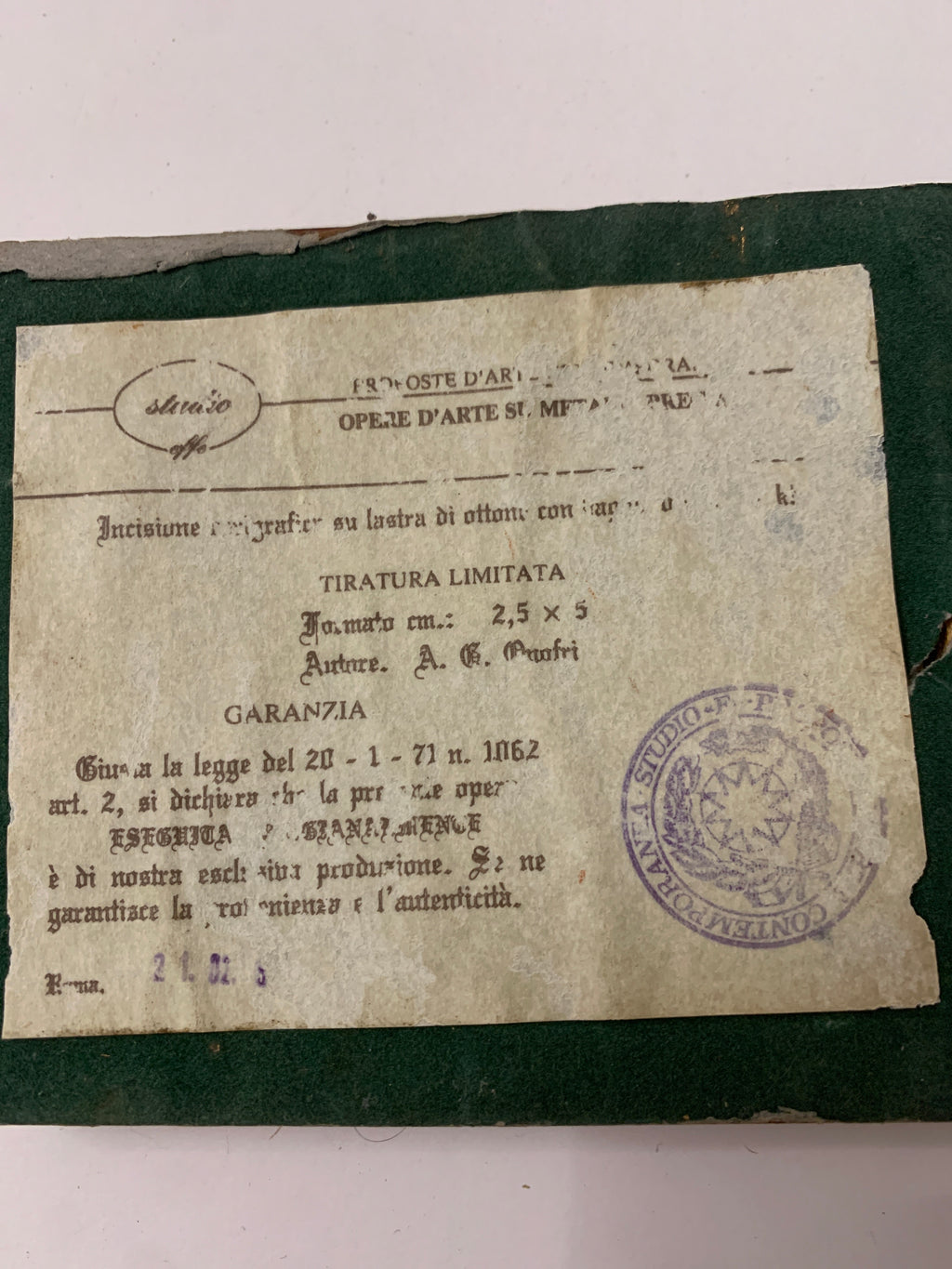 Miniatura Incisione Calcografica "Veliero" su Lastra di Ottone e Oro 24Kt - A. G. Onofri