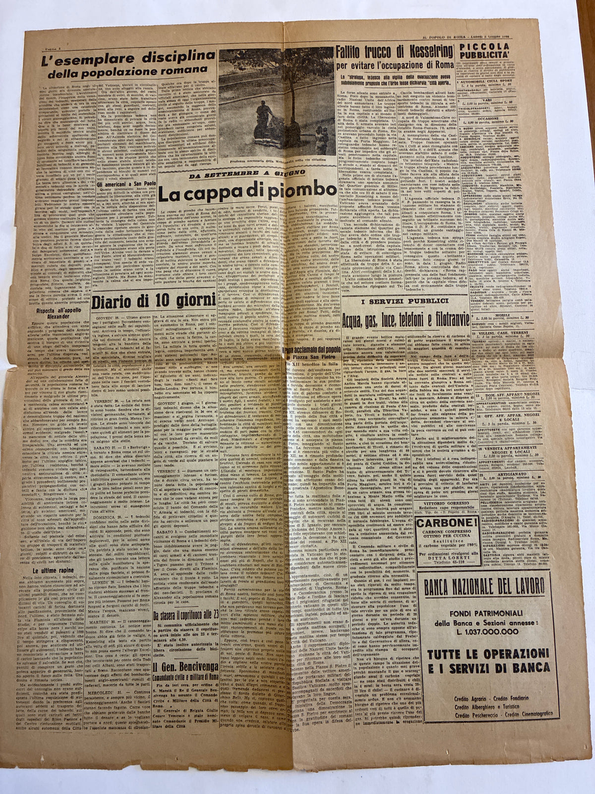 Storico Quotidiano Originale Il Popolo di Roma 5 Giugno 1944 - Edizione Completa - Annuncio Roma Liberata