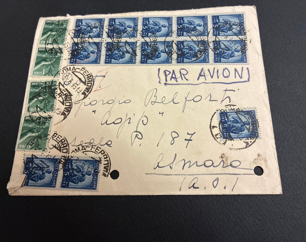 Rarissima lettera Re di maggio via aerea Roma Asmara Eritrea 3 giugno 1946 giorno Referendum a Giorgio Belforti AGIP splendida affrancatura 69 Lire Serie Democratica tariffa perfetta via Cairo storia postale transitoria.