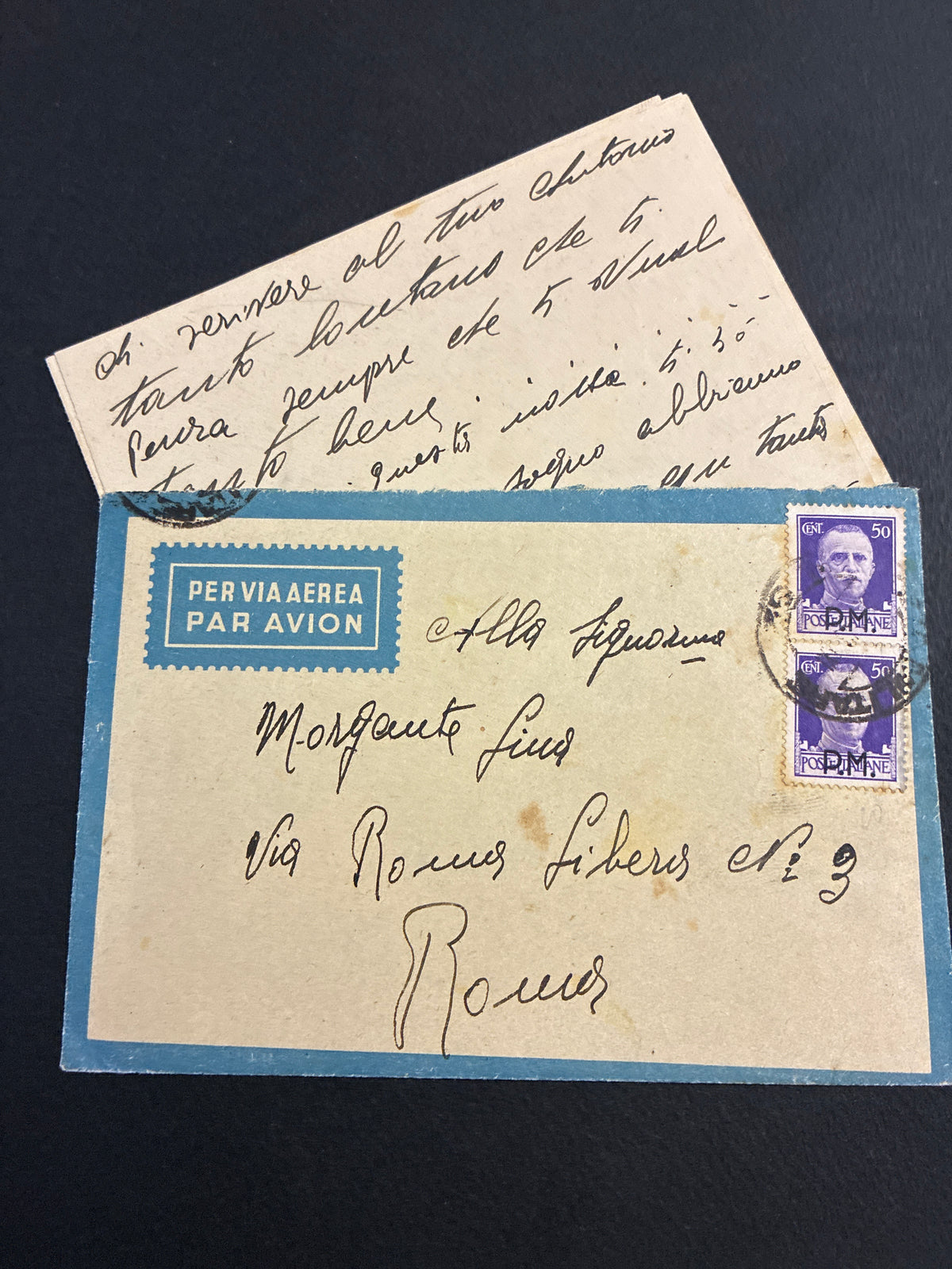 1941, Posta Militare 82: Busta di Via Aerea con Coppia di Francobolli da 50 Centesimi Sovrastampati P.M. Spedita dal Fronte Albanese per Roma