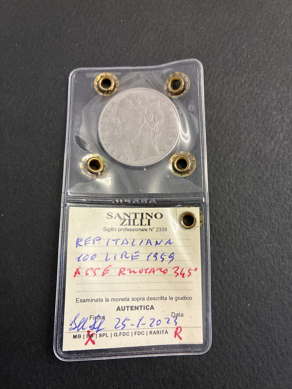 100 Lire 1959 Minerva Rara con Errore Asse Ruotato 345° Periziata