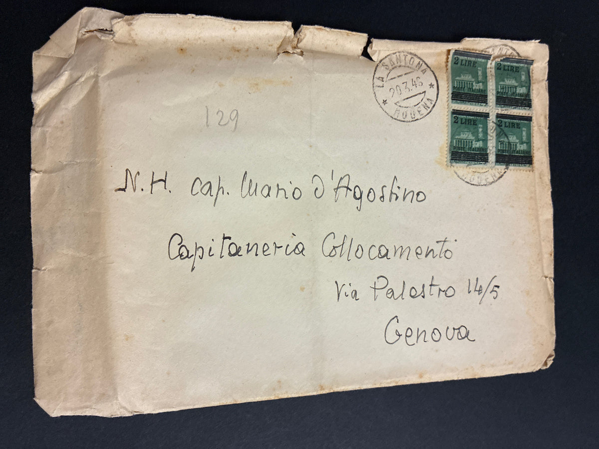 Lettera da La Santona (Modena) a Genova affrancata con blocco di quattro del 2 Lire su 25c "Monumenti Distrutti" sovrastampato dalle Poste Italiane nel periodo della Luogotenenza