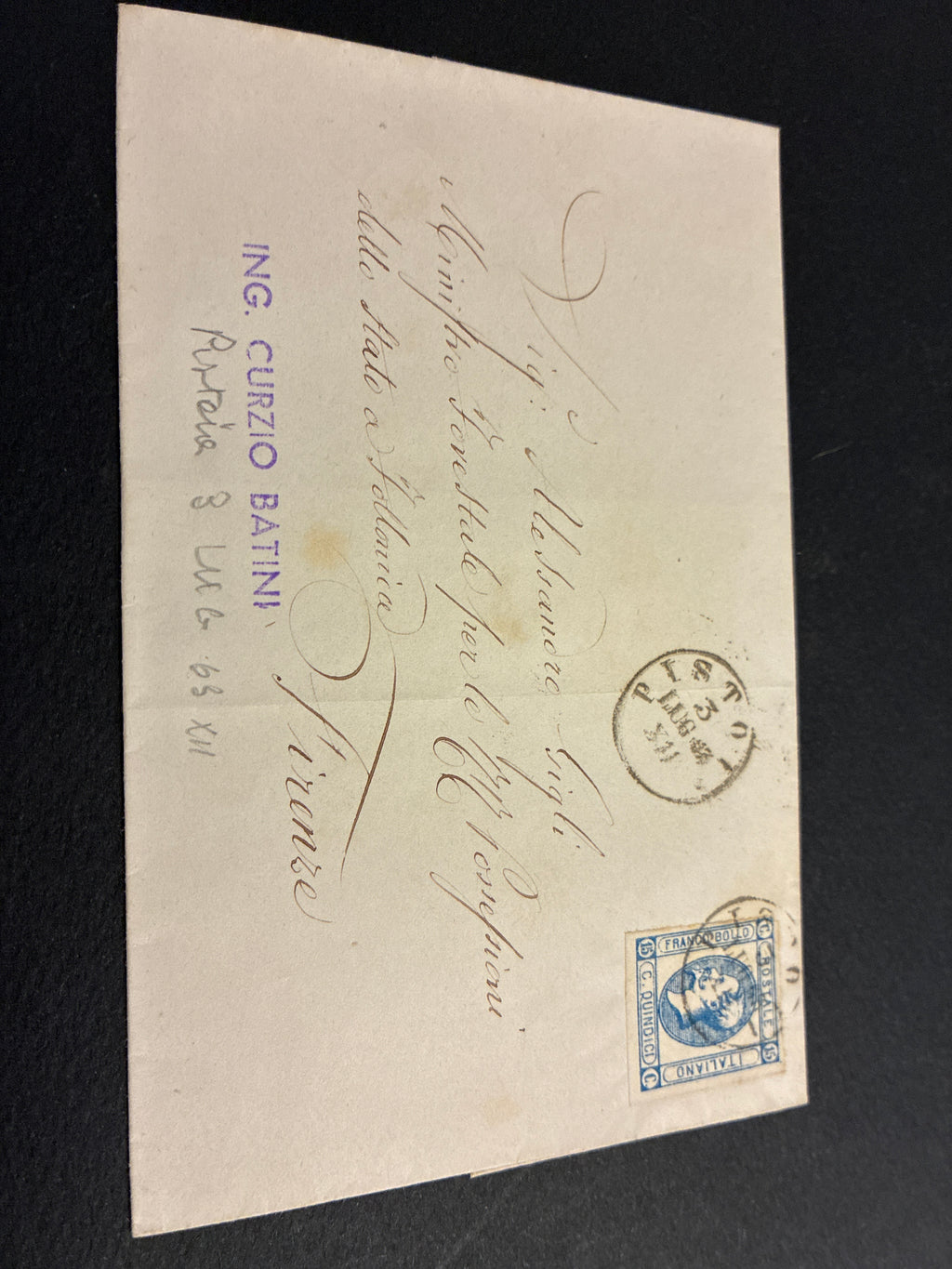 REGNO D'ITALIA 1863 - Lettera da Pistoia per Firenze con 15 Centesimi Litografico II Tipo