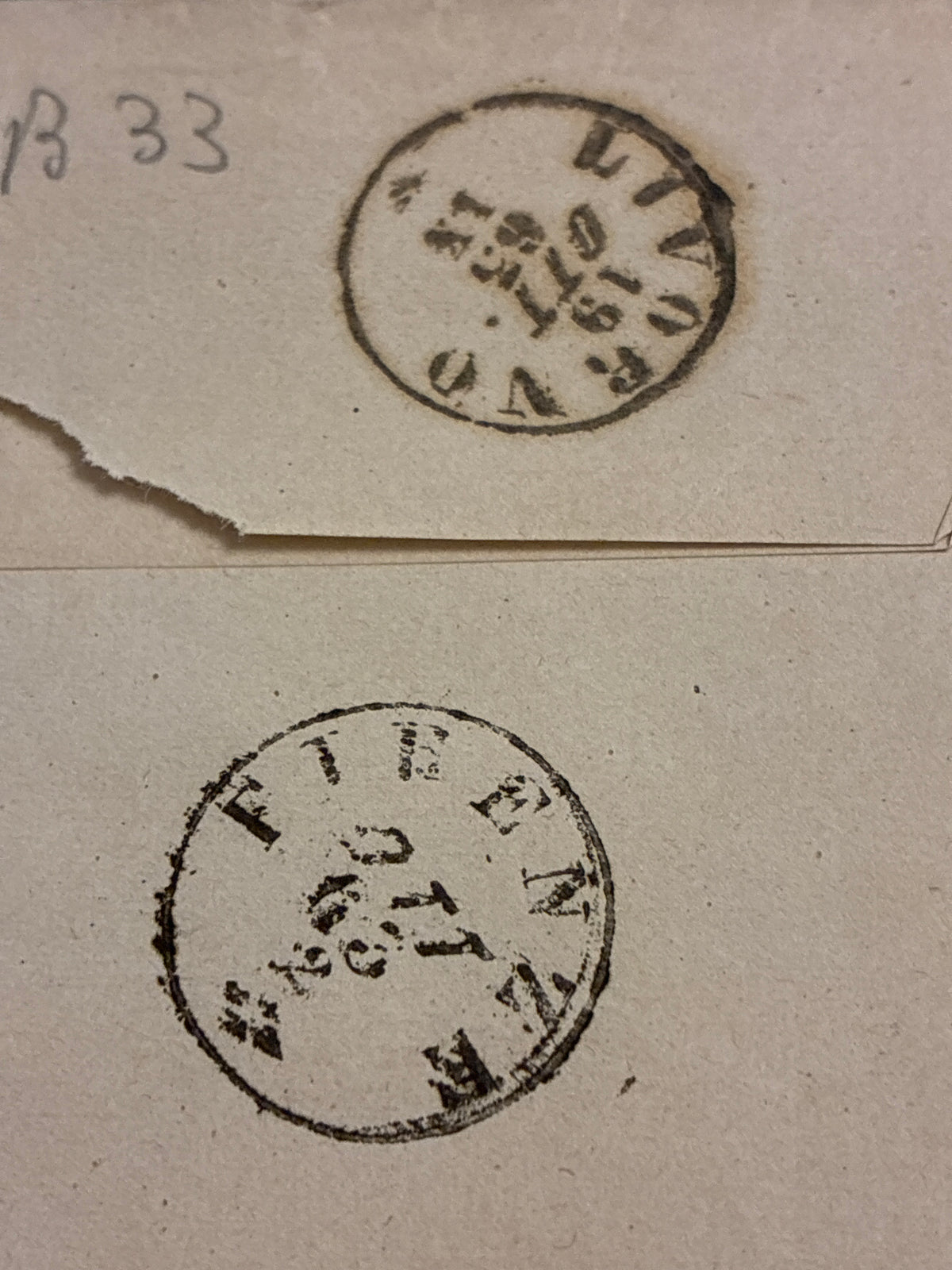 Busta 18/10/1863 Regno d'Italia 15 C. Litografico II Tipo Annullato a Barre con Transito Livorno e Lineare Batini