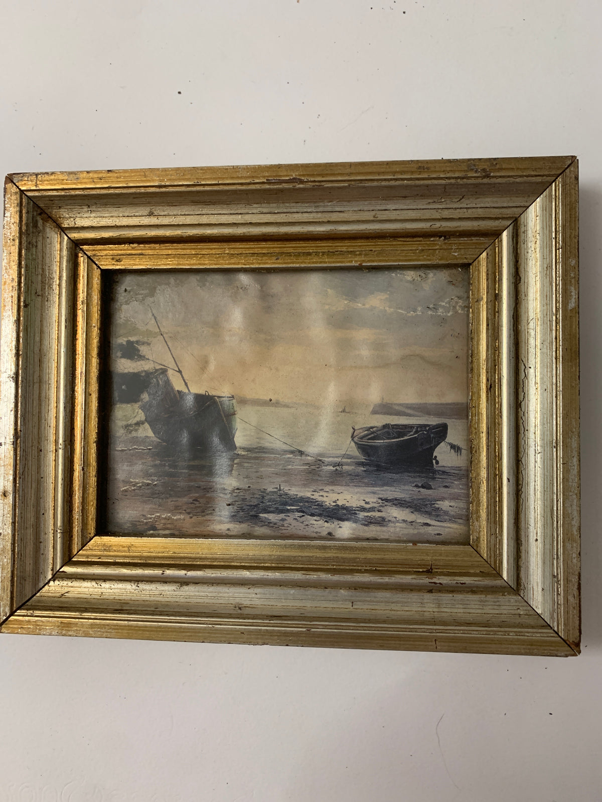 Quadro Miniatura Marina con Barche Pittore Del Fiore Cornice Dorata Vintage