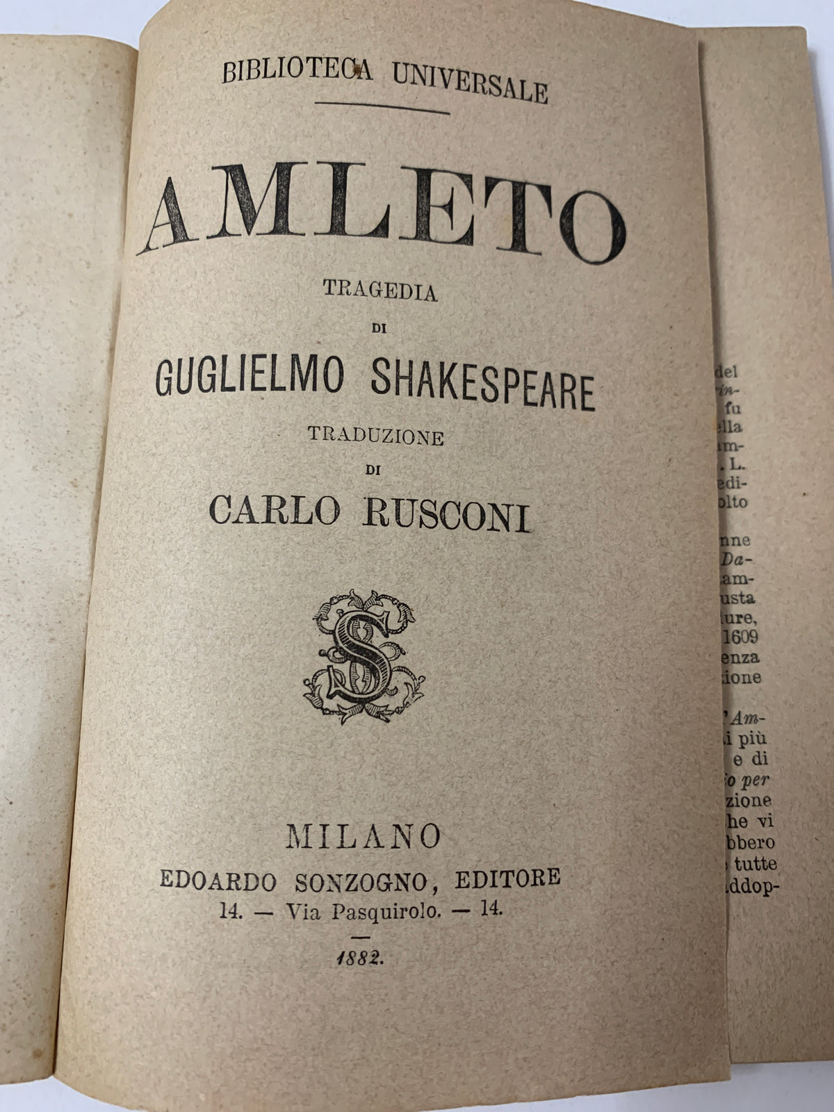 Libro Shakespeare Amleto Sonzogno 1882 Biblioteca Universale N. 5 Traduzione Rusconi