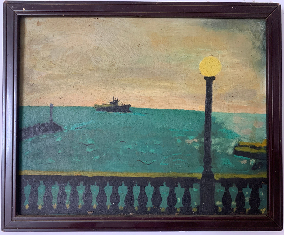 Dipinto a Olio su Tavola di Legno Marina Vintage Anonima - Scorcio di Lungomare con Lampione e Cornice