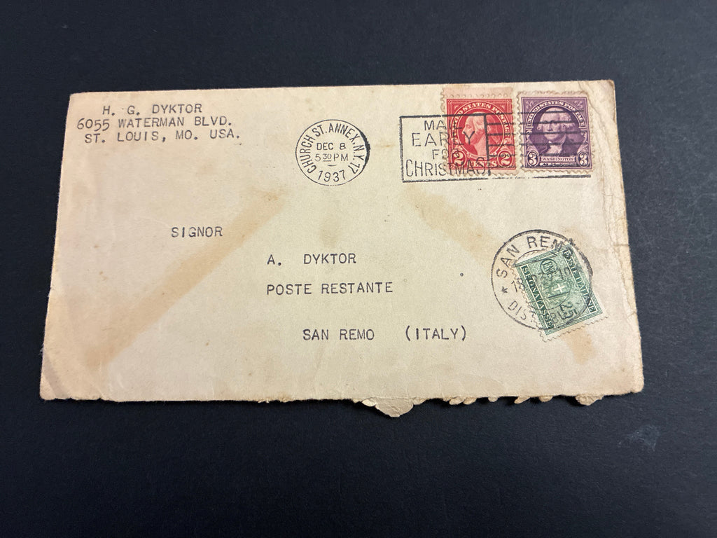 Busta storica del 1937 spedita da New York a Sanremo in regime di "Poste Restante" (Fermo Posta) e tassata all'arrivo con segnatasse del Regno d'Italia