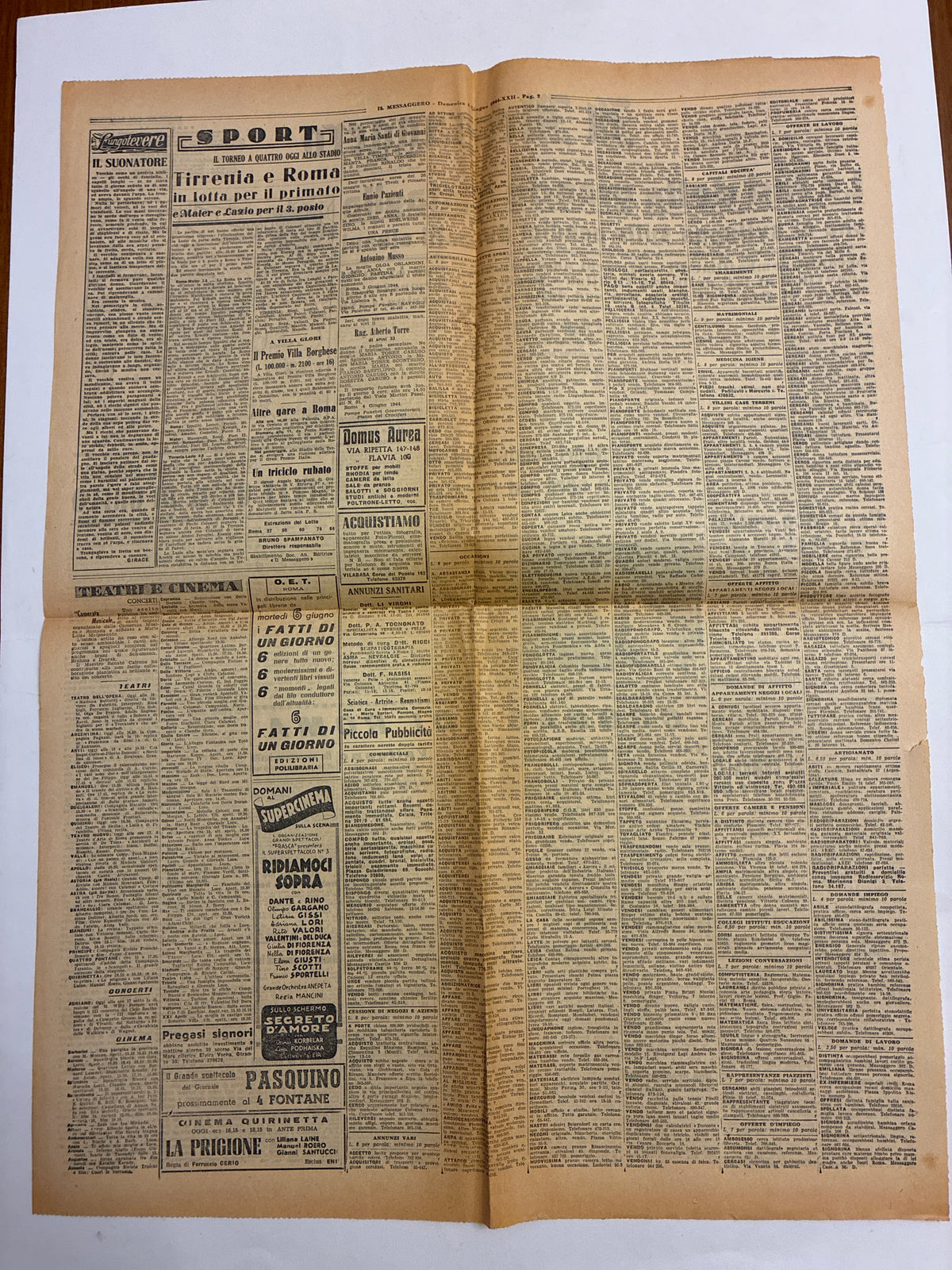 Quotidiano ORIGINALE 4 Giugno 1944 Il Messaggero Liberazione di Roma Mappa COMPLETO