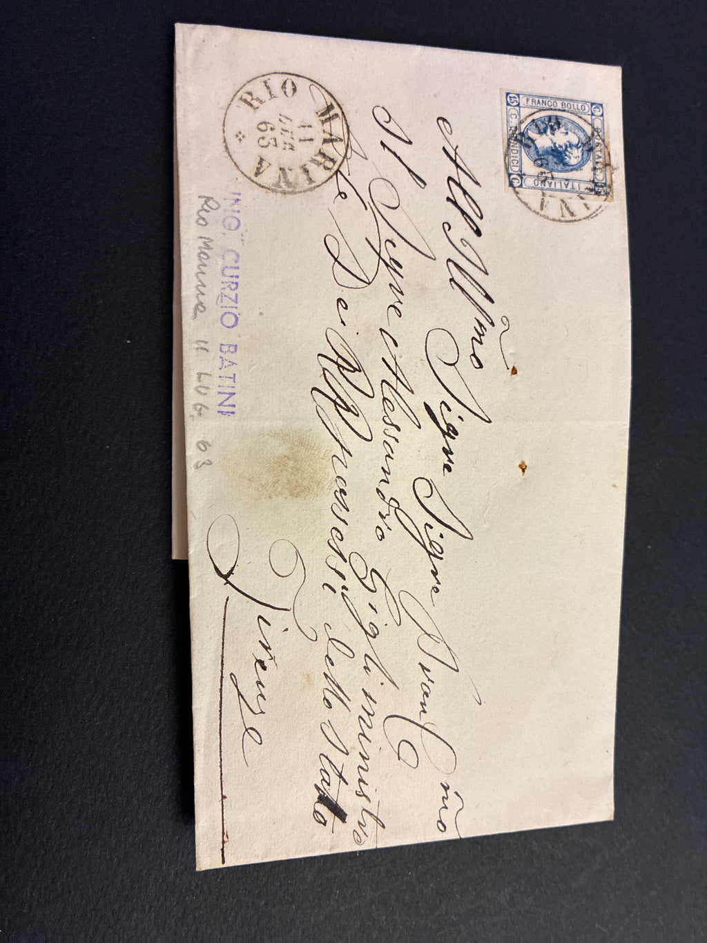 Lettera Storica 1863 da Rio Marina (Elba) a Firenze con Francobollo 15c Vittorio Emanuele II