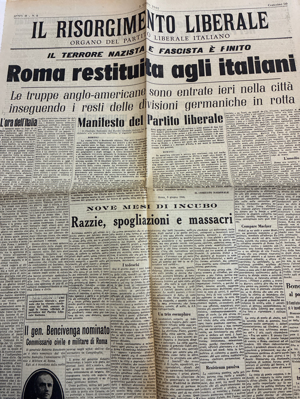 Quotidiano Originale Epoca Il Risorgimento Liberale 5 Giugno 1944 Roma Restituita Agli Italiani Seconda Guerra Mondiale