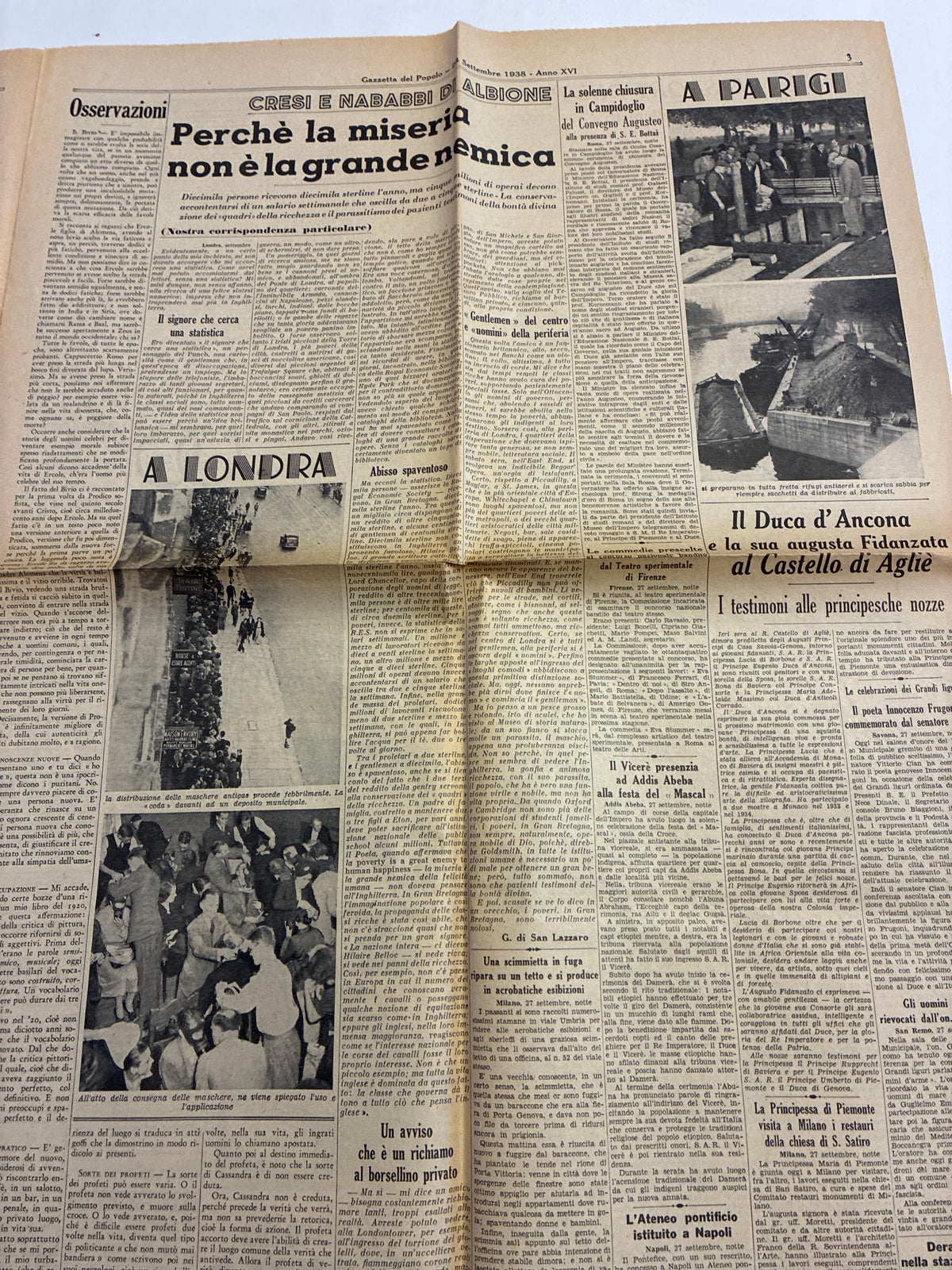Quotidiano Storico Gazzetta del Popolo 28 Settembre 1938 Crisi di Monaco Fascismo Hitler