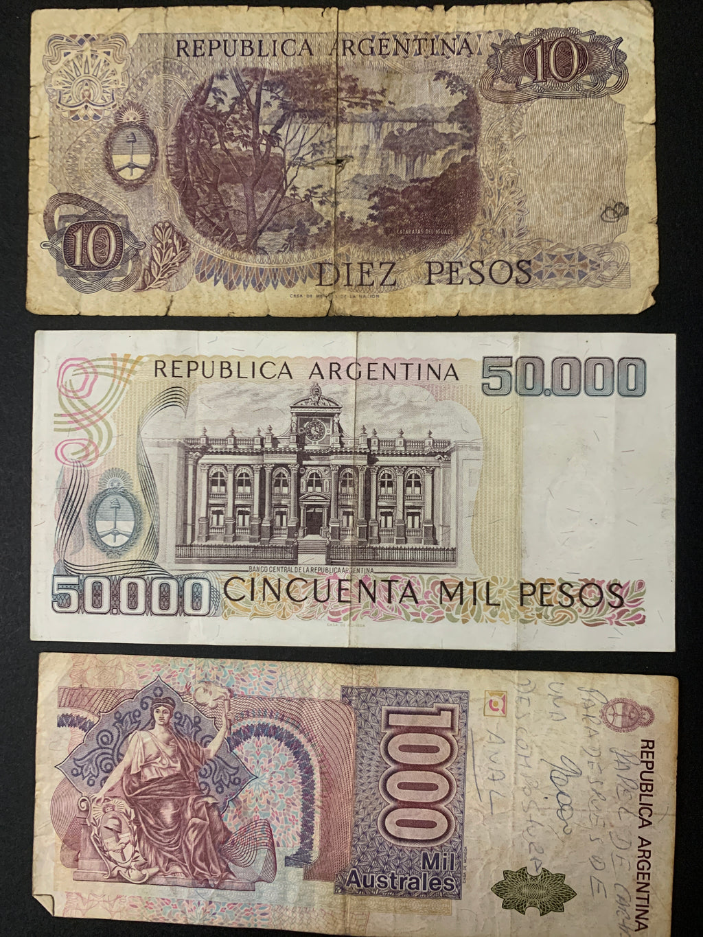 Lotto 3 Banconote Vintage Argentina (Anni '70–'80) – 10 e 50.000 Pesos, 1.000 Australes