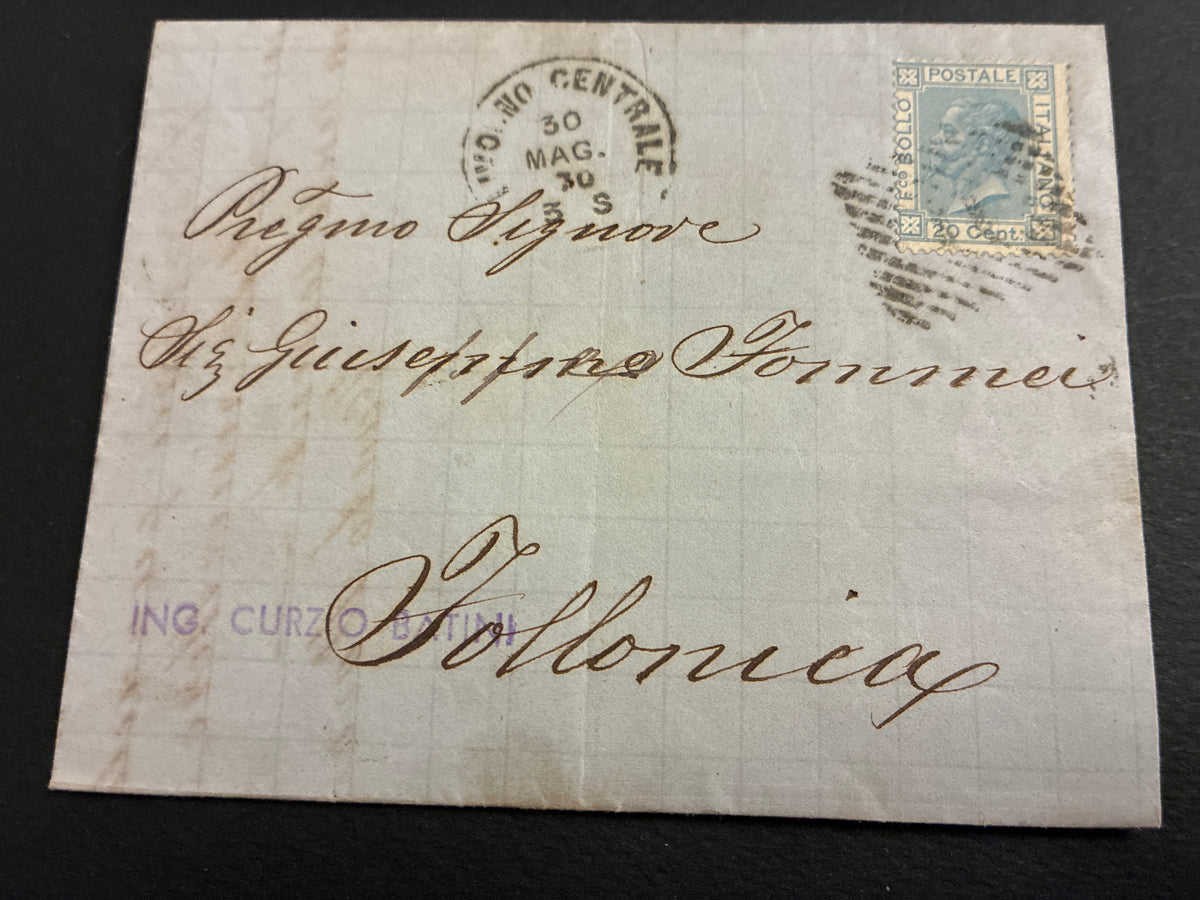 Piego commerciale da Livorno a Follonica (30 maggio 1876) con 20 centesimi Vittorio Emanuele II