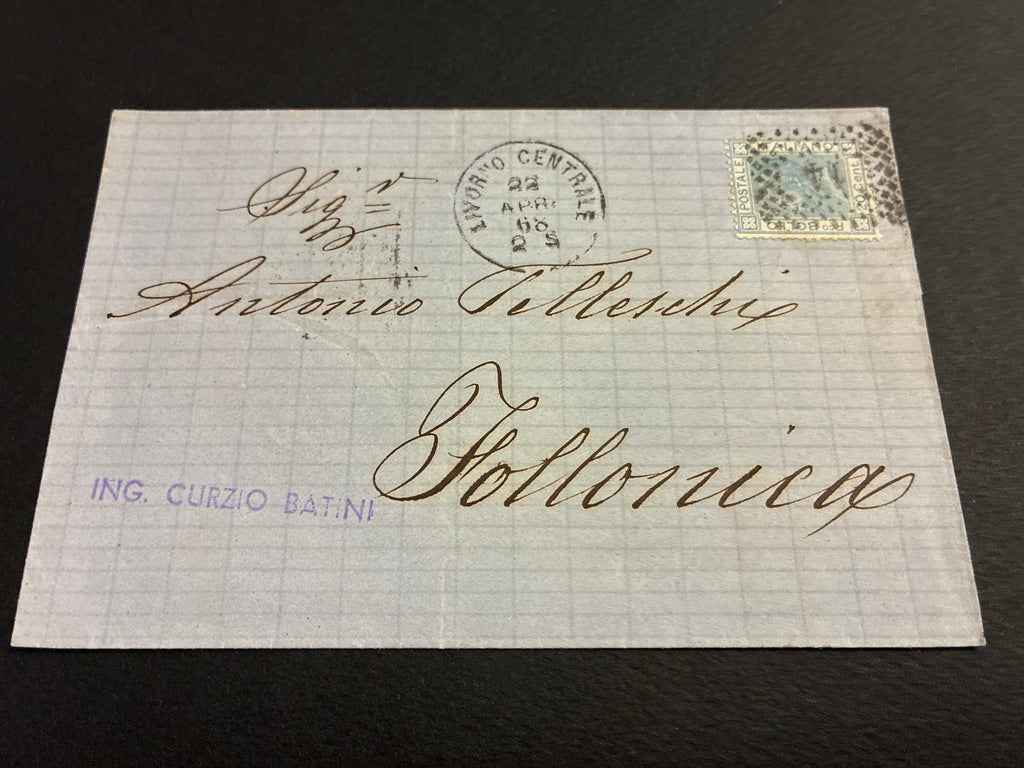 Busta Storia Postale 1868 Collezione Curzio Batini Regno D'Italia Vittorio Emanuele II Francobollo 20 Centesimi Azzurro Timbro Livorno Centrale Arrivo Follonica Per Telleschi Da Collezione