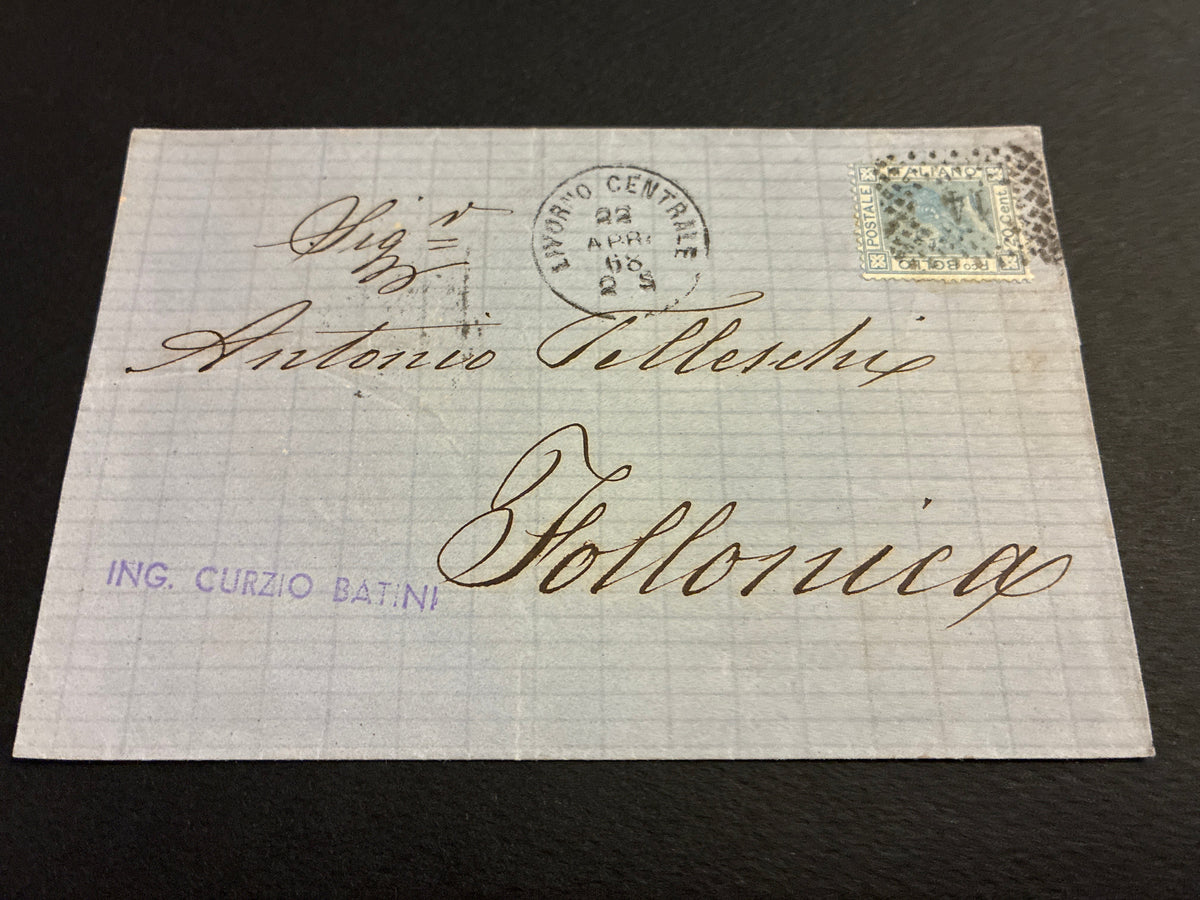 Busta Storia Postale 1868 Collezione Curzio Batini Regno D'Italia Vittorio Emanuele II Francobollo 20 Centesimi Azzurro Timbro Livorno Centrale Arrivo Follonica Per Telleschi Da Collezione