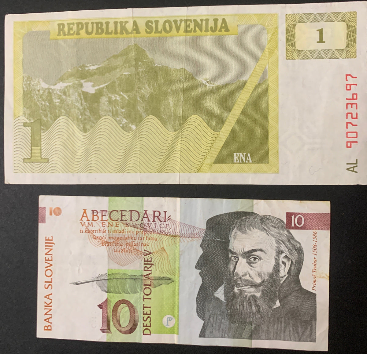 Lotto 2 Banconote Vintage Slovenia (1990–1992) – 1 e 10 Tolarji / Buono Provvisorio
