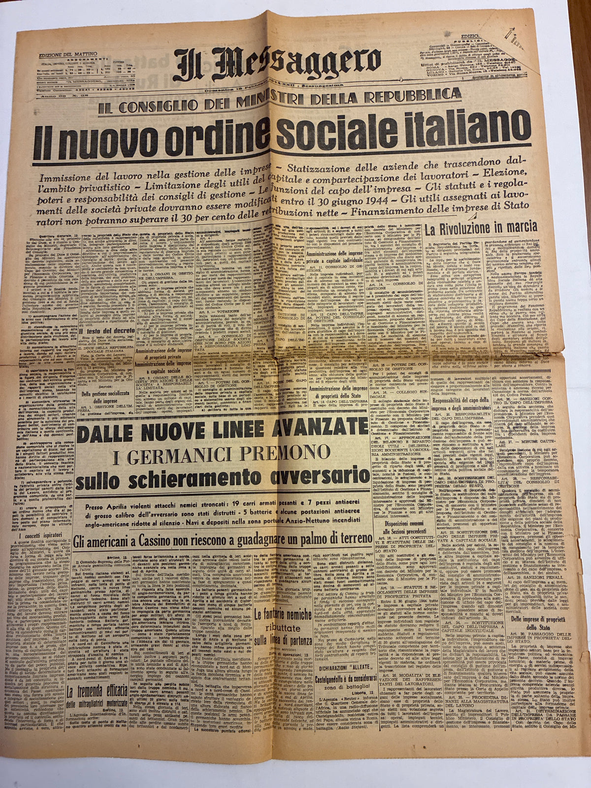 Quotidiano ORIGINALE 13 Febbraio 1944 Il Messaggero Socializzazione RSI Cassino COMPLETO