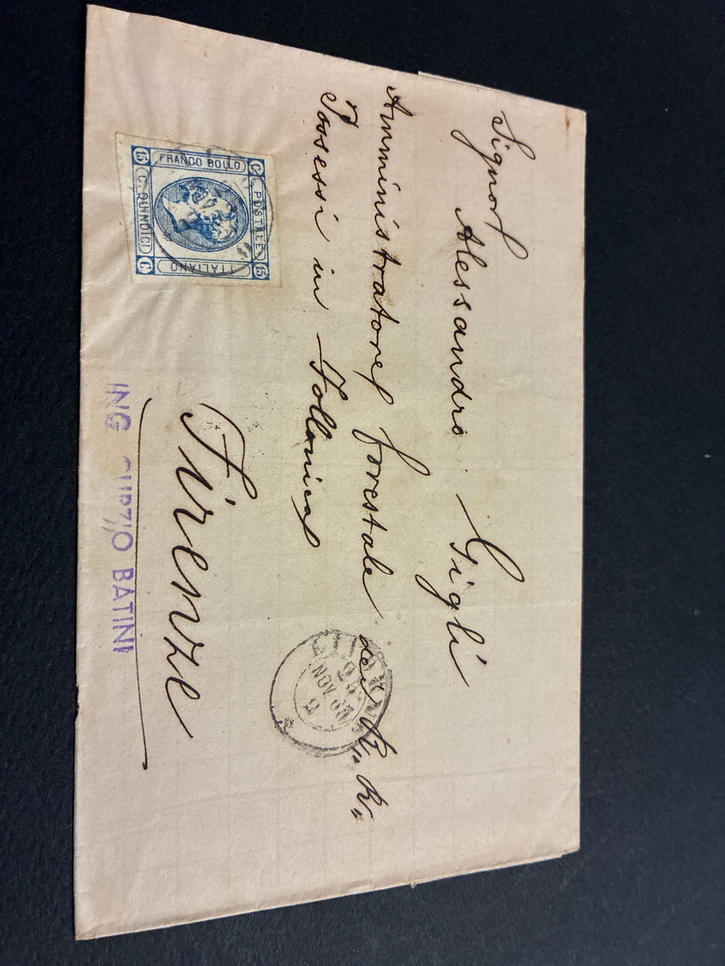Lettera del Regno d'Italia (1863) con 15 c. del secondo tipo ex coll. Curzio Batini, da Follonica a Firenze con transito Ambulante Livorno-Firenzek