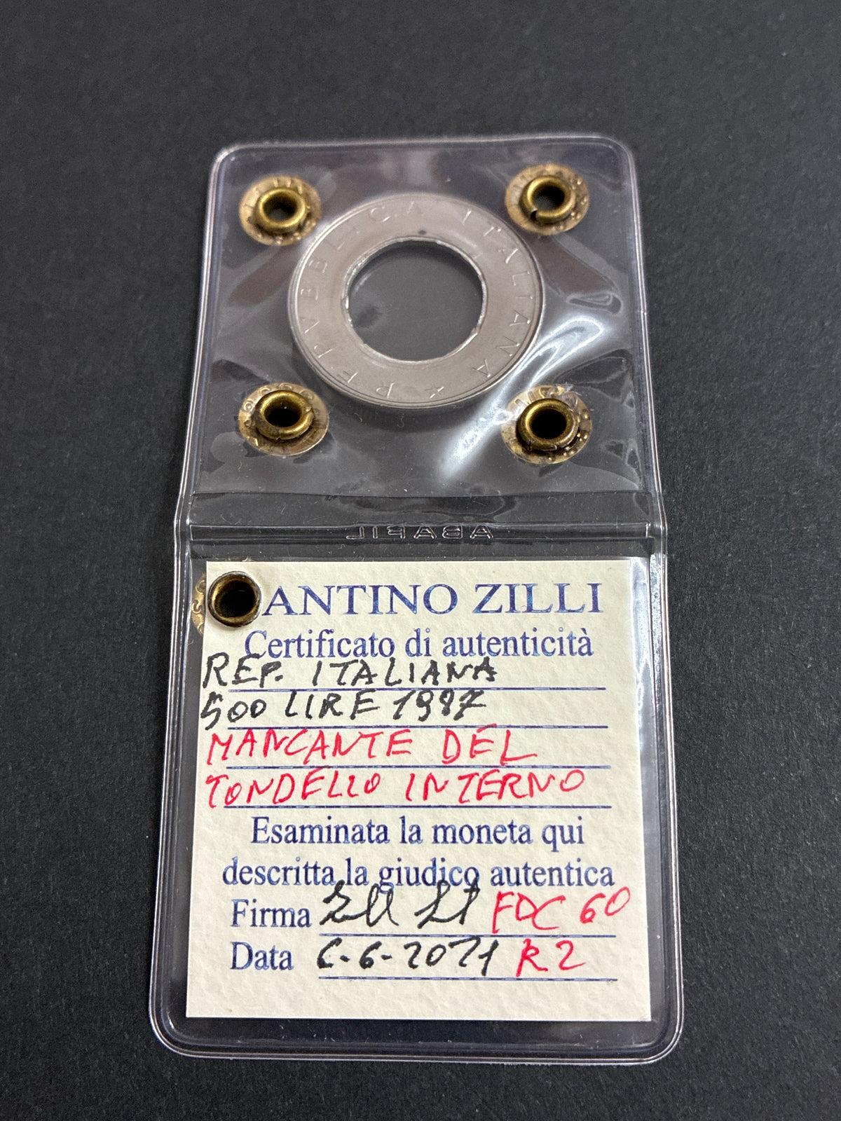 500 lire 1987 "Mancante del Tondello Interno" periziata - Errore di Coniazione R2