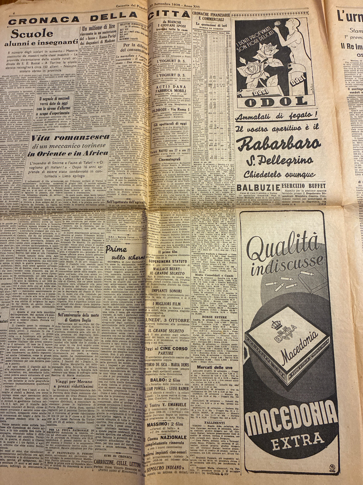 Quotidiano Storico Gazzetta del Popolo 30 Settembre 1938 Accordo Monaco Fascismo Mussolini