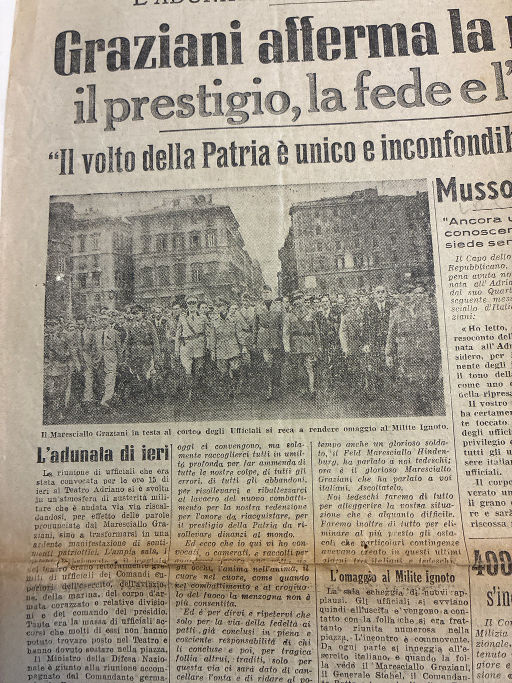 Raro Quotidiano Originale Il Giornale d'Italia 3 Ottobre 1943 - Discorso di Graziani al Teatro Adriano - RSI