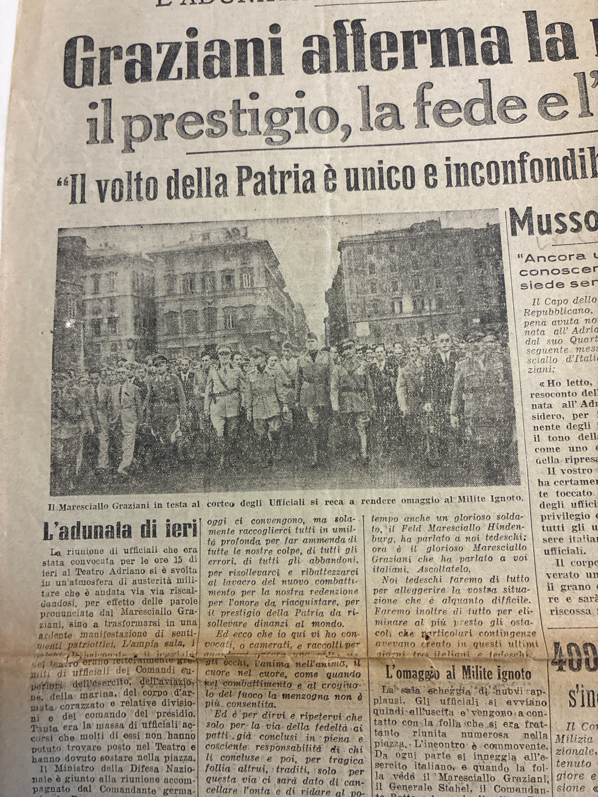 Raro Quotidiano Originale Il Giornale d'Italia 3 Ottobre 1943 - Discorso di Graziani al Teatro Adriano - RSI