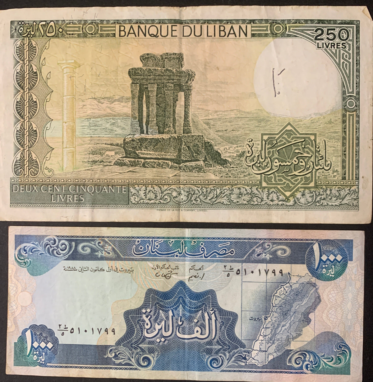 Lotto 2 Banconote Vintage Libano: 250 Livres 1987 e 1000 Livres Banque du Liban