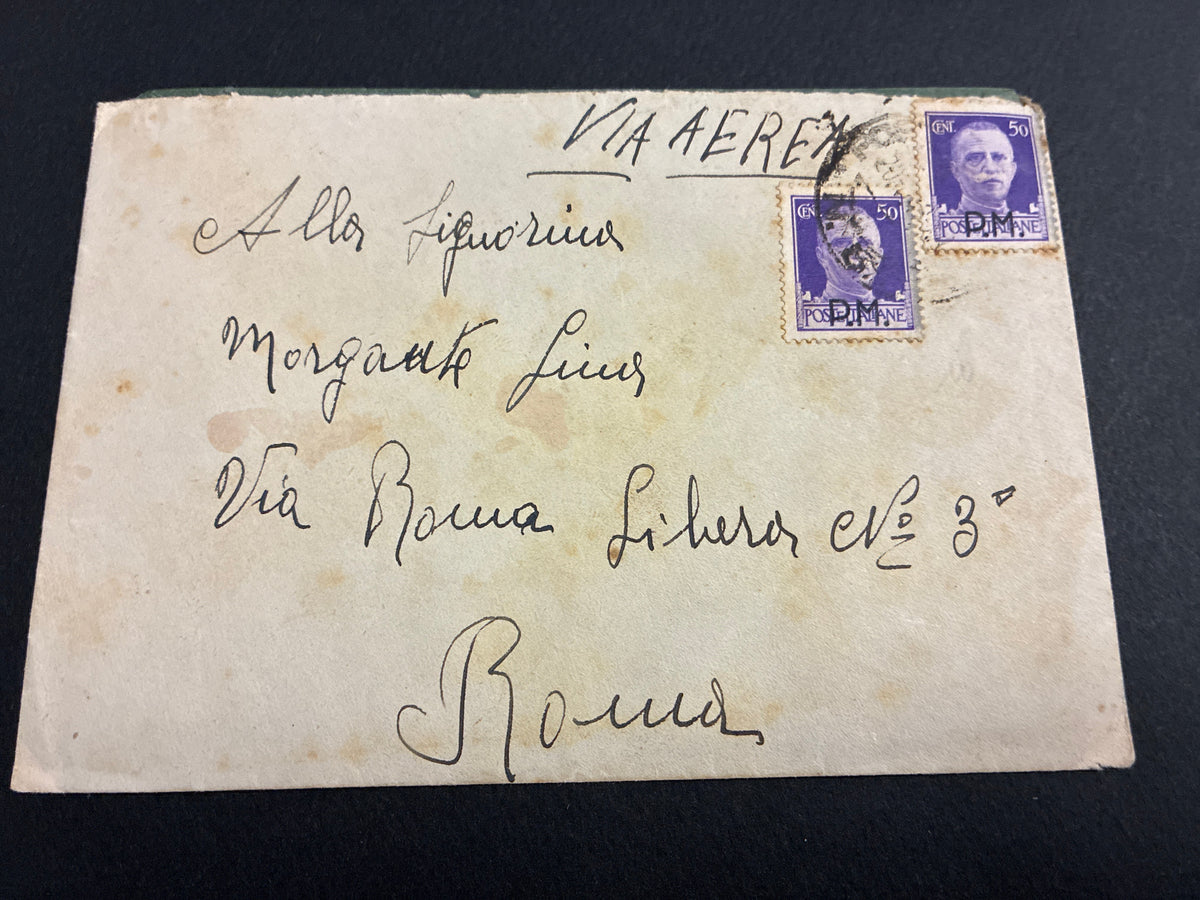 1943, Posta Militare 82: Busta di Via Aerea con Lettera dal Fronte Albanese Spedita a Cinque Giorni dalla Caduta del Fascismo con Coppia da 50 Centesimi Sovrastampata P.M.