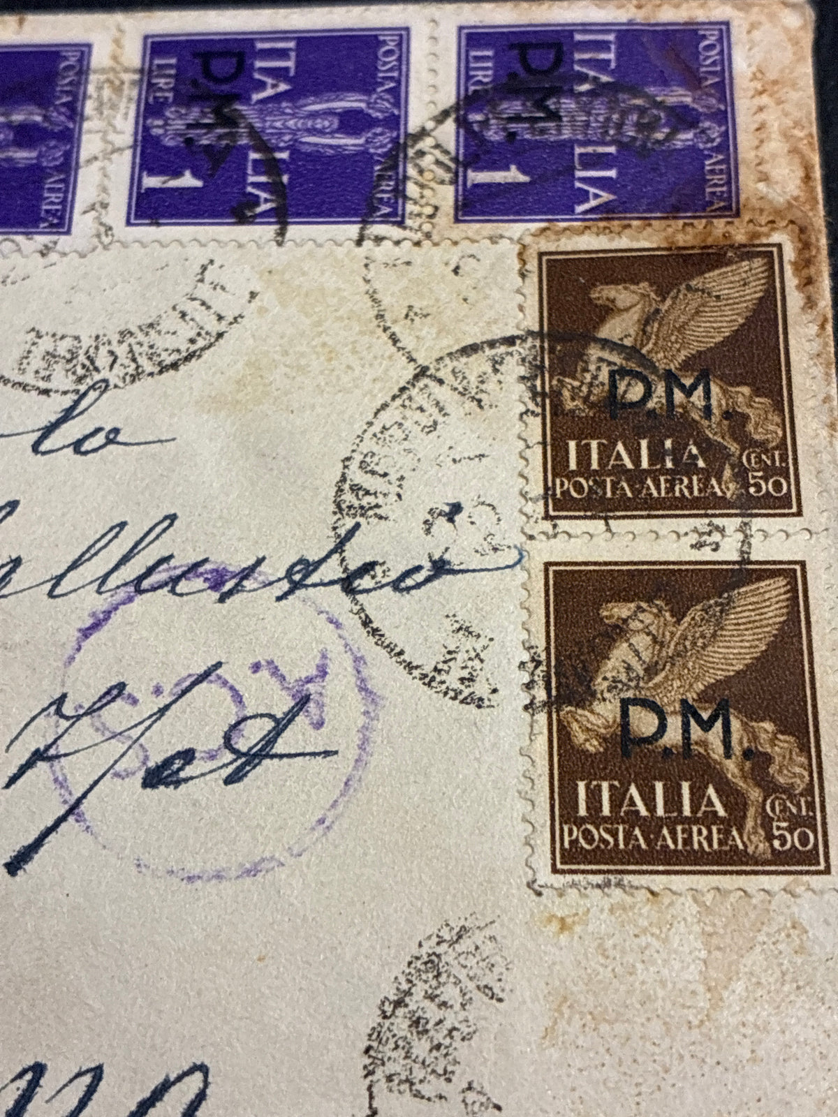 Busta 1943/44 da Torre del Greco a Roma affrancata con Posta Aerea Imperiale sovrastampata P.M. e timbro di Censura Alleata A.C.S.