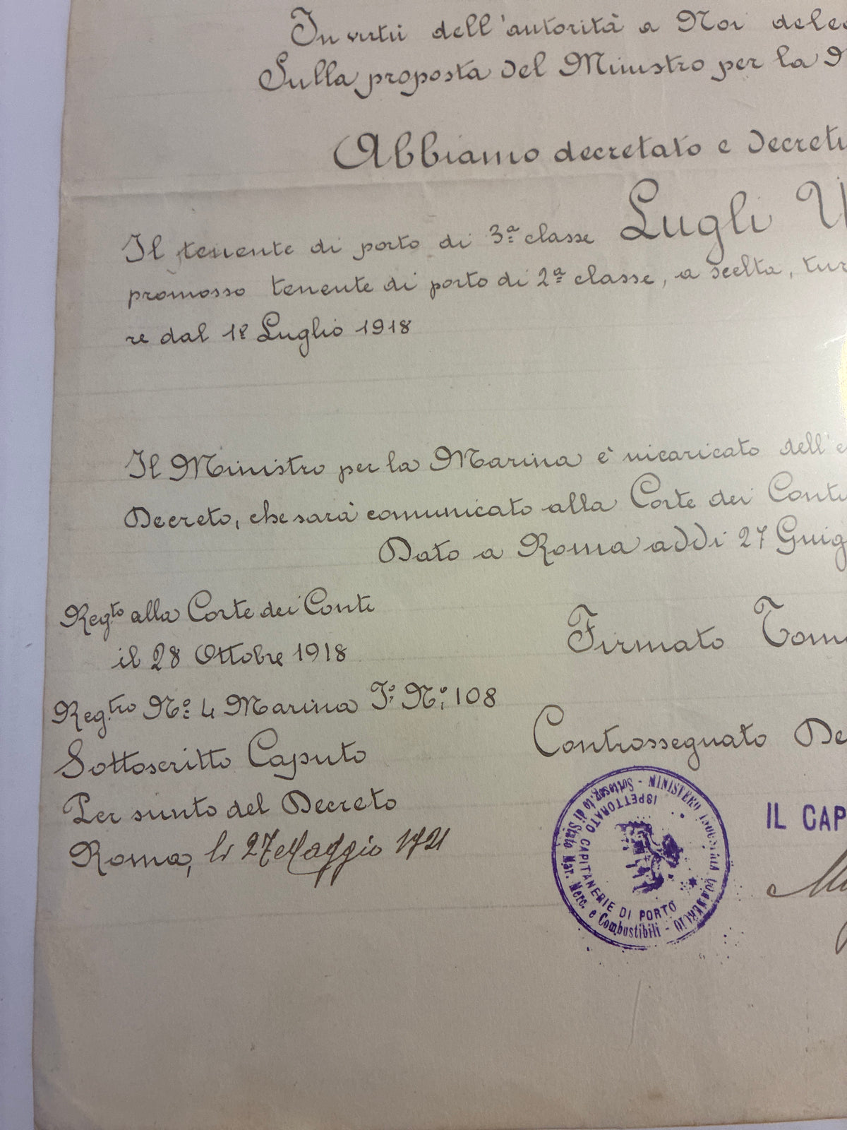 Raro Decreto Luogotenenziale 1918 Grande Guerra Umberto Lugli - Tomaso di Savoia - Incorniciato Capitanerie Marina