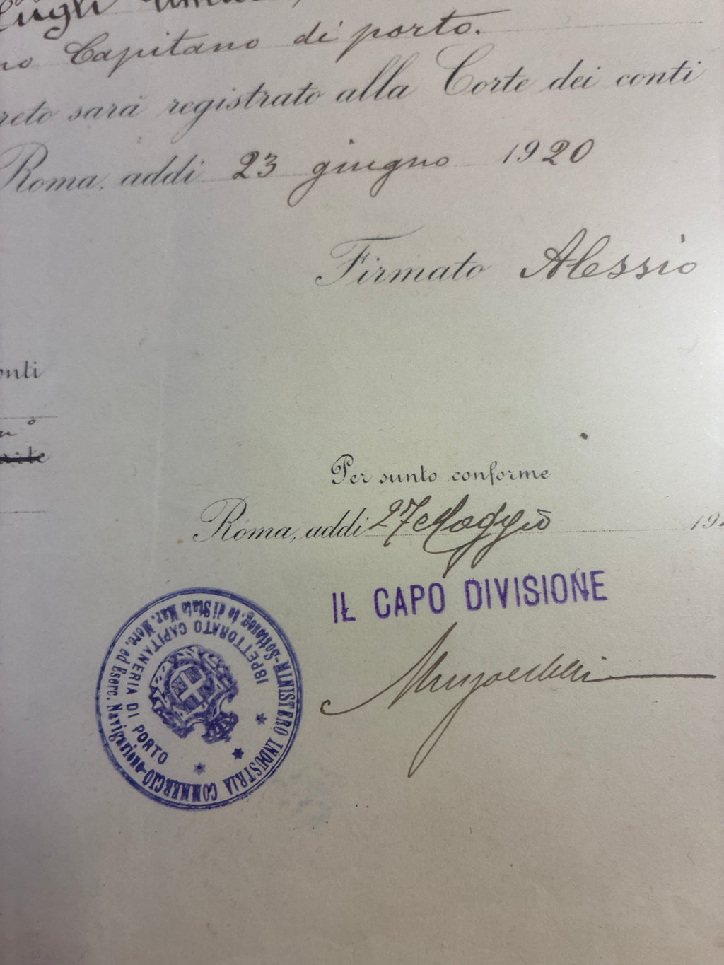 Raro Decreto Ministeriale 1920 Primo Capitano Porto Umberto Lugli - Doppio Timbro - Incorniciato Storia Sabauda